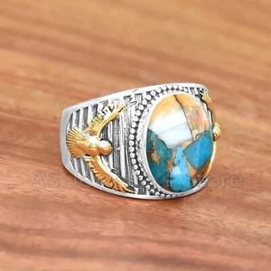 925 Sterling Silver, Oyster Turquoise Ring, Mens Handmade Ring, Eagle Ring - Picture 1 of 5