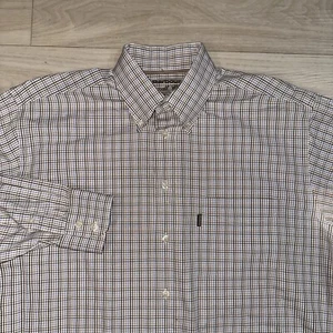Barbour Shirt Mens Large Blue Brown Stripe Button Down Shirt Plaid Two Fold - Picture 1 of 9