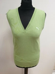 FF318 WOMENS PUMA GREEN V NECK SLEEVELESS PATTERNED WOOL TANK TOP JUMPER UK 14 - Picture 1 of 3