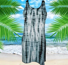 Womens Tie Dye Summer Dress, Black White Tie-dye Boho Beach Coverup Dresses S/M