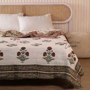 Vintage Boho Reversible Quilt Soft Cotton Mughal Floral Throw Blanket Queen Twin - Picture 1 of 10