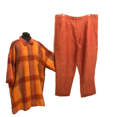 Conjunto de camisa y pantalón de lino INSERCH para hombre 4XL / 48W en naranja quemado, ¡buen estado! Foto 1 de 4