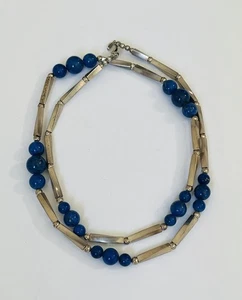 Vintage Southwestern Modernist Sterling Silver Bar & Lapis Ball Link Necklace - Picture 1 of 20