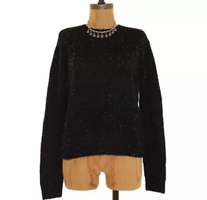 Topshop Glisten Pullover Sweater Top Size 8 Crew Neck Beaded Black B59 - Picture 1 of 3