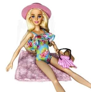 OOAK Custom Fashion Doll Summer Blue Floral Swimsuit Bag Pink Hat Beach Towel - Picture 1 of 17