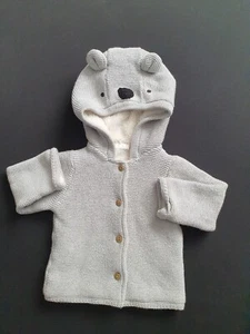 F&F Grey Fur Lined Koala Hooded Cardigan 3-6 Months - Picture 1 of 2