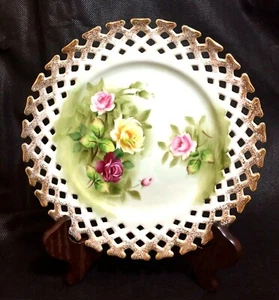 Vintage Hand Painted Roses 8 1/4" Decorative Plate Lattice Edged - Picture 1 of 6