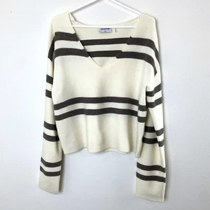 LNA Clothing Womens Striped Sweater Small Cream Taupe Cropped Long Sleeve V-Neck - Picture 1 of 12