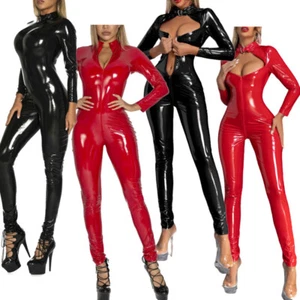 Mujeres Charol Body Cuerpo Completo Gato Cremallera Frontal Monos Ropa de Club - Imagen 1 de 72