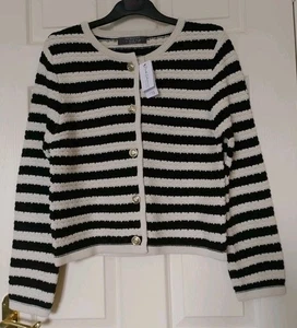 PRIMARK PAULA ECHEVARRIA CREAM BLACK STRIPED GOLD BUTTONED CARDIGAN S 10/12 NEW - Picture 1 of 4