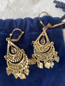 14k Yellow Gold Ornate Diamond Cut Chandelier Dangle/Drop Earrings 2” - Picture 1 of 4