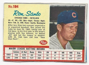 1962 Post baseball Card #184 Ron Santo, Chicago Cubs EX - Picture 1 of 1