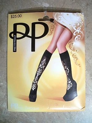 1125 Pretty Polly Negro con Adorno BARROCO DORADO Hasta la Rodilla Nylon Foto 1 de 2