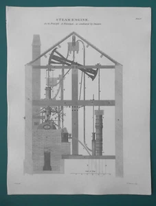 DAMPFMASCHINE von Smeaton nach Newcomens Prinzip - 1822 antiker Druck A. Rees - Bild 1 von 3