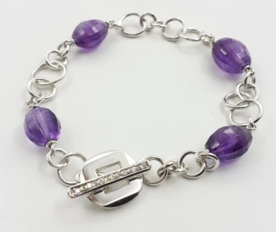 Bracciale Ametista argento 925 diamanti gioiello donna catena chiusura a T - Immagine 1 di 4