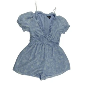Trixxi Light Blue Floral Ruffle Trim Romper with Puff Sleeves Size L - Picture 1 of 10
