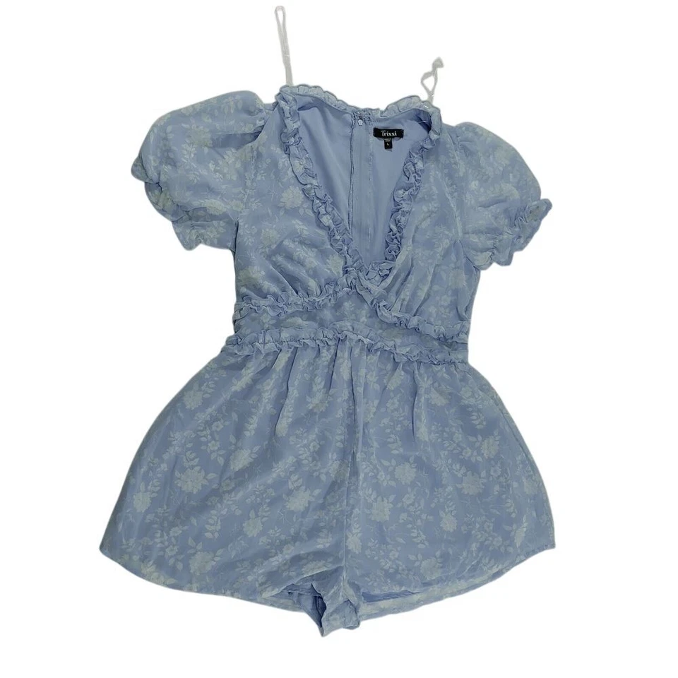 Mameluco Trixxi Azul Claro Floral Volantes con Mangas Abullonadas Talla L Foto 1 de 4