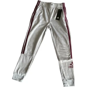 adidas Girls' 3-Stripe Cotton Joggers Size M (10/12) Grey Burgundy - Picture 1 of 10