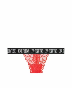 Victoria's Secret PINK Logo Elastic Lace Thong Panty Euphoria Pink - Picture 1 of 1