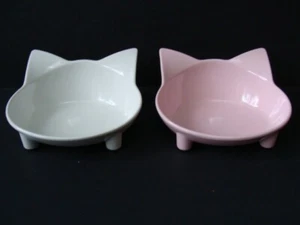 New Set of 2 Cat Food Bowls Dishes Food Water Melamine Pink White Ears Non-Slip - Picture 1 of 3