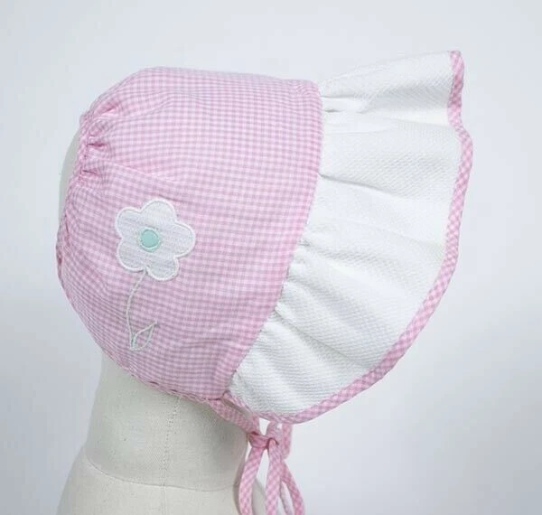 VINTAGE INFANT BONNET HAT PINK WHITE GINGHAM FLOWER OPEN BACK BABY DOLL REBORN - Image 1 of 1
