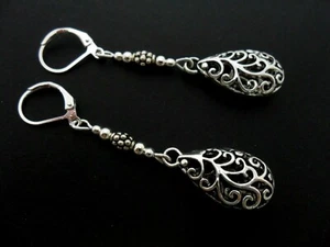 A PAIR OF TIBETAN SILVER DANGLY TEARDROP FILIGREE LEVERBACK HOOK EARRINGS. NEW. - Picture 1 of 1