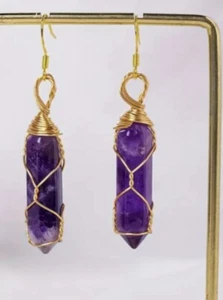Chico’s Gold Amethyst Earrings CZ Wire Crystal Wrap Natural Healing Dangle Boho - Picture 1 of 4