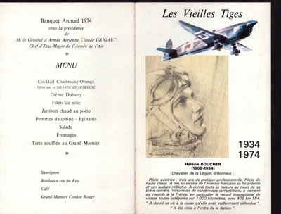 PARIS XVI° : MENU LES VIEILLES TIGES / Hommage à Hélène BOUCHER Aviatrice en1974 - Photo 1/2