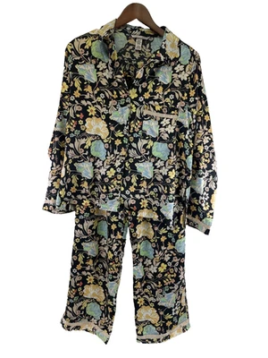 Conjunto de pijama de satén Victorias Secret pantalones mangas largas negro amarillo floral mediano Foto 1 de 4
