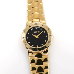 Gucci 3300L Black Dial 18k Gold Plated Ladies 25mm with Diamond Hour Markers - Picture 1 of 13
