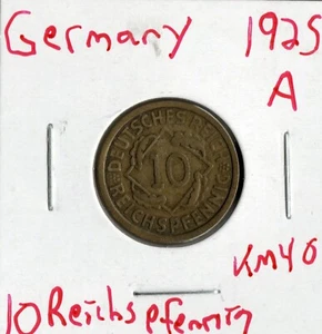 Moneda Alemania (Weimar) 10 Reichspfennig 1925 A KM40 - Imagen 1 de 4