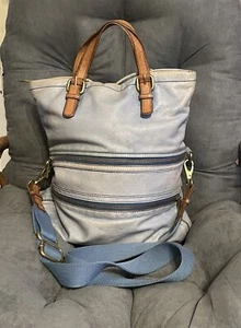 Amazing Vintage Fossil Explorer Sky Blue Leather Tote Foldover Messenger Bag - Picture 1 of 10