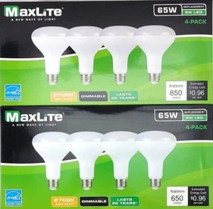 8 Maxlite 65W-Light Bulbs BR30 Flood Light Dimmable 8W-LED 2700K Soft White 650L - Picture 1 of 7