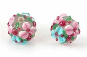 Qty. 5 13mm Clear Floral Lampwork Beads w/ Pink Flowers & Blue & Green Accents - Picture 1 of 1