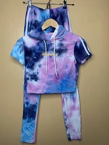 Vizio Women Small 2pcs Set Leggings Crop Top Pink Blue Tye Dye Short Sleeve Hood - Picture 1 of 24