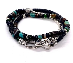 JOHN HARDY Classic Chain Black Leather Beads Silver Triple Wrap Bracelet XL #35 - Picture 1 of 9