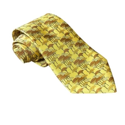 Salvatore Ferragamo Neck Tie Mens Yellow Gold Silk Umbrellas AOP Vintage Italy - Image 1 of 4