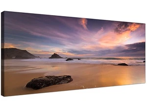 Arte en lienzo paisaje puesta de sol playa púrpura y marrón - Imagen 1 de 4