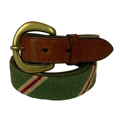 Cinturón de punta de aguja pestañas de cuero a rayas verdes hebilla de latón TLS monograma talla 32 Foto 1 de 4