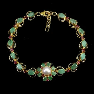 925 Sterling Silver Bracelet Oval Emerald 6x4mm Ruby Pearl Gemstone Jewelry 8in - Image 1 of 4