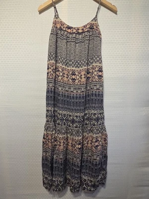 Lucky Brand Boho Print Maxi Dress XS Blue Peach Smocked Back Fully Lined NWT - Image 1 of 4