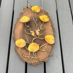 Vintage Emaille auf Kupfer Schmetterling Herbstblätter Live Edge Holz Wandskulptur Kunst - Bild 1 von 11