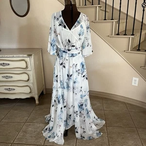 City Chic Damen Übergröße 18 schüchtern Orchidee Maxikleid vorne Wickeloptik Blumenmuster blau elfenbein - Bild 1 von 13