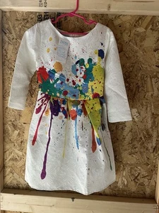 White and multi-coloured Zara kids dress with paint splatter design - Picture 1 of 3