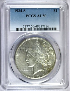 1934-S PCGS AU50 Peace Silver Dollar - Picture 1 of 2