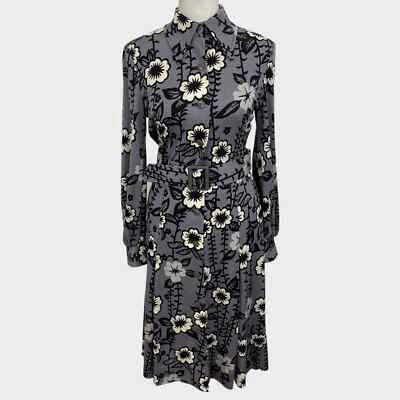 Vintage 70s Hanae Mori Grey Black White Floral Pointed Collar Belted Shirt Dress - Image 1 of 4