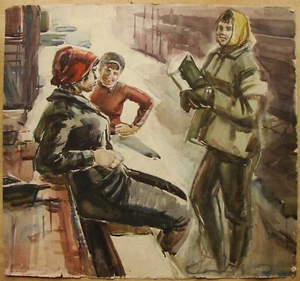 Ukrainian Soviet USSR watercolor Painting socrealism female portrait worker girl - Picture 1 of 8