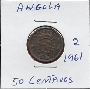 ANGOLA PORTUGUESE COLONY 50 CENTAVOS 1961 XF FIVE CROWNS ABOVE ARMS,DATE BELOW, - Picture 1 of 2