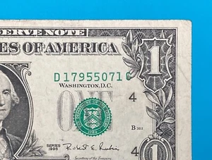 Misaligned Overprints Error $1 One Dollar Bill 1995 Series : D 17955071 G - Picture 1 of 4