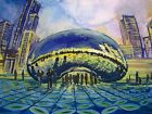 Peinture Chicago City Downtown Cloud Gate gratte-ciel Millennium Park 5x7 pouces